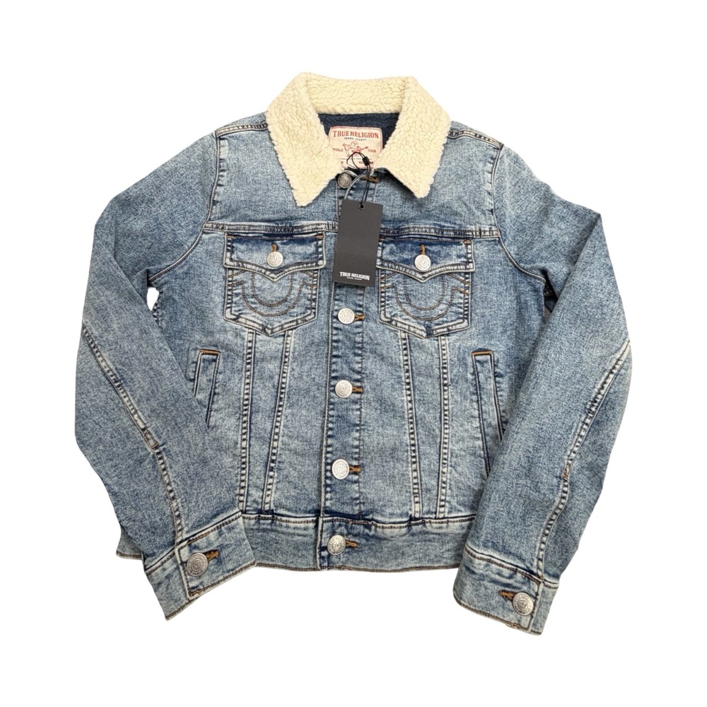 True Religion Trucker Jacket Mens M Blue Light Chilly Wash Sherpa Collar 600069